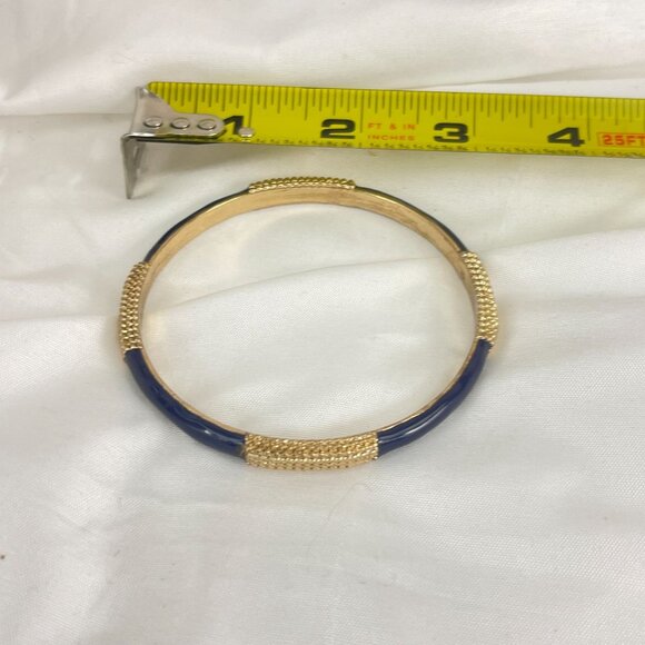 Gold-Tone & Navy Blue Enamel Bangle Bracelet Textured Detailing Classic Ethnic - Picture 7 of 7